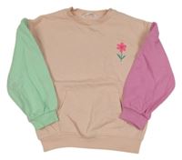 Světlerůžovo/tyrkysovo-ružová mikina s kvietkami a vreckom a nápismi M&S