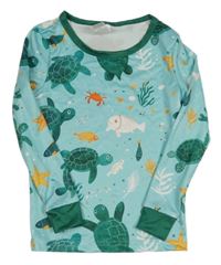 Světlemodro-tmavozelené pyžamové triko se želvičkami a rybičkami