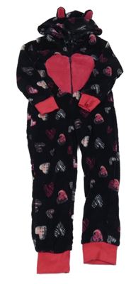 Tmavomodro/růžová plyšová kombinéza se srdíčky a kapucí s oušky AVENUE