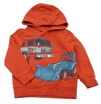Červená mikina s hasiči a bagrem a kapucí C&A