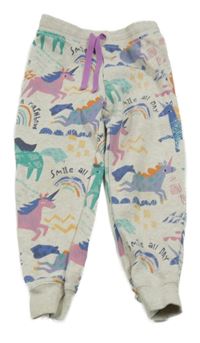 Světlebéžovošedé melírované tepláky s jednorožci a duhami Next