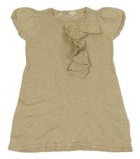 Béžovo-zlaté melírované svetrové šaty s mašlou a volánikom H&M