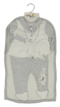 Nové - 4Set - Bílo-šedé melírované triko s motýlkem a límečkem + čepice + polodupky + bílé rukavice Minborn