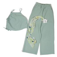 3Set - Olivové pruhované kalhoty + crop top s nařasením H&M + smetanový vzorovaný multifunkční šátek 