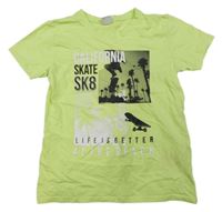 Limetkové tričko s nápismi a skateboardmi  a palmami Y.F.K.