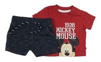2set - Červené melírované tričko s Mickeym + tmavomodré melírované teplákové kraťasy Primark