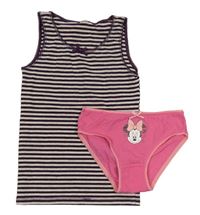 2set - Vínovo-biela pruhovaná košilka + ružové nohavičky s Minnie