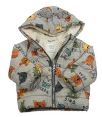 Šedá melírovaná šusťáková zimní bunda se zvířaty a kapucí F&F