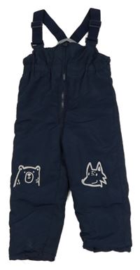 Tmavomodré šusťákové laclové oteplovačky se zvířaty