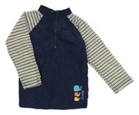 Tmavomodro-světlešedé UV triko s velrybami a pruhy na rukávech