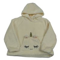 Krémová chlpatá mikina s vreckom s jednorožcom a kapucňou H&M