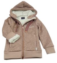 Pudrová melírovaná pletená zateplená propínací mikina s nápisem a kapucí