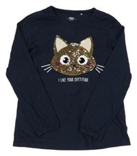 Tmavomodré tričko s kočkou z překlápěcích flitrů Yigga