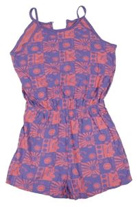 Fialovo-růžový kostkovaný bavlněný kraťasový overal se smajlíky