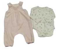 2 set - Biele body s obrázky + svetloružové pruhované bavlnené na traké tepláky Next