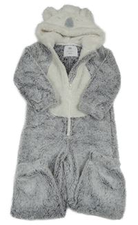 Sivo-biela melírovaná chlpatá kombinéza s kapucí - medvěď F&F