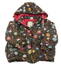 Hnědo-barevná květovaná šusťáková zimní bunda s kapucí 