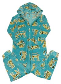 Tyrkysová plyšová kombinéza s leopardy a kapucí Tu