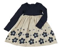 Tmavomodro-béžové šaty s šusťákovou sukní a květinami Mayoral