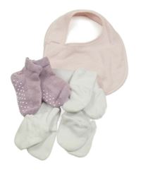 Nové - 5 set - světlerůžový bryndák + lila ponožky + 3x bílé rukavice 