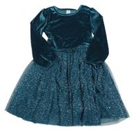 Smaragdové sametové šaty s tylovou puntíkatou sukní Little kids