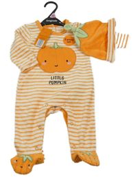 Nové - 2set - Oranžovo-bílý pruhovaný sametový overal s dýní + čepice 