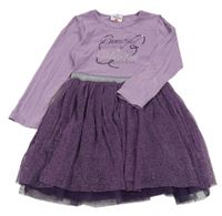 Lila-fialové šaty s nápisem a tylovou třpytivou sukní Topolino