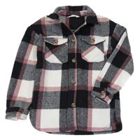 Černo-bílo-starorůžová kostkovaná vlněná košilová bunda H&M