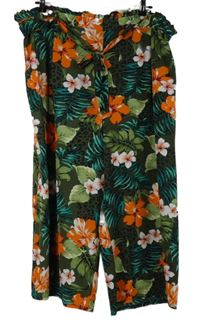 Dámské khaki-oranžové květované culottes kalhoty s páskem Primark 