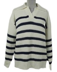 Dámsky smetanovo-tmavomodrý oversize pruhovaný sveter s golierom Nutmeg