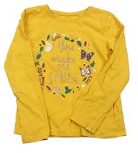 Žlté tričko s listy, motýlikmi a nápisom Primark