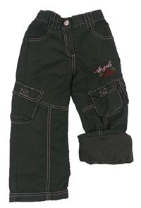 Tmavosivé šušťákové podšité nohavice s nápisom a vreckami Kiki&Koko