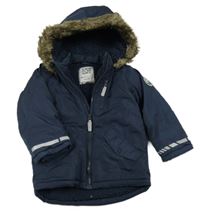 Tmavomodrá šušťáková zimná bunda s nášivkou a kapucňou zn. Matalan