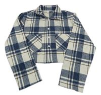 Bílo-tmavomodro-hnědá kostkovaná crop košilová bunda Shein