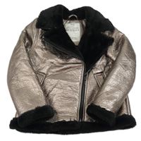 Bronzová koženková zimná bunda s kožešinou M&S