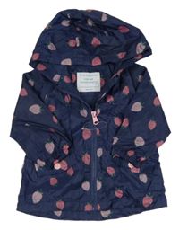Tmavomodrá šušťáková jarná bunda s jahodami a kapucňou zn. Primark