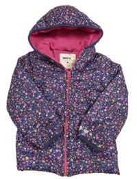 Tmavomodrá kvetovaná prešívaná šušťáková zateplená bunda s kapucňou Mothercare