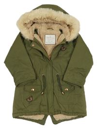 Khaki šusťáková zimní parka s motýlkem a kapucí s kožešinou Matalan