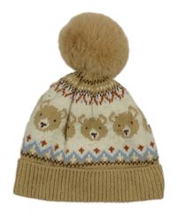 Hnedo-smotanová vzorovaná pletená čapica s medveďmi a brmbolcom F&F