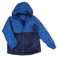 Tmavomodro-modrá šusťáková funkční zimní lyžařská bunda se vzorem a kapucí crane