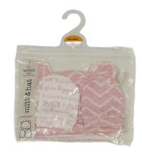 Nové - 4set - Růžová vzorovaná bavlněná čepice + bílá s nápisy + 2x rukavičky Heatons