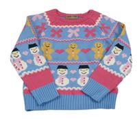 Modro-ružový sveter s perníčky a sněhuláky