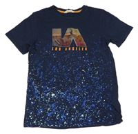 Tmavomodré tričko s potlačou a nášivkou H&M