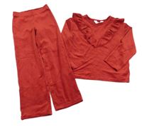 2Set - Červená plyšová mikina s volánkem + široké nohavice H&M