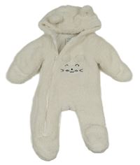 Biela huňatá zateplená kombinéza s čumáčkem a kapucňou s uškami zn. PRIMARK