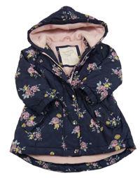 Tmavomodrá šušťáková pod/zimní parka s růžemi a kapucňou Mothercare
