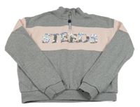 Sivo-pudrová melírovaná crop mikina s nápisem z překlápěcích flitrů STEEDS