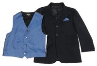 2Set - Čierne sako + modro/tmavošedá károvaná vesta C&A