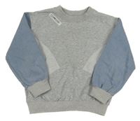 Sivo-světlemodro-modrá melírovaná teplákovo/riflová mikina s nášivkou