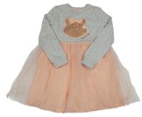 Sivo-broskvové teplákovo/tylové šaty s medvídkem Blush s flitrami George